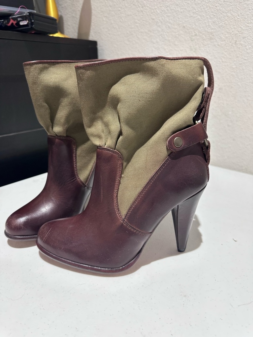 Diesel Black Gold Military Green Leather and canvas heeled boots 5.5 or 6 EU 36